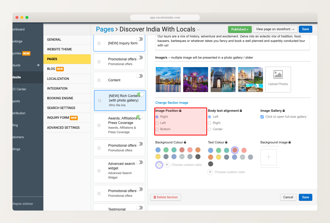 Backoffice page editor showing Rich Content section with Image Position, Body text alignment, and Image Gallery controls, red box around Image Position options