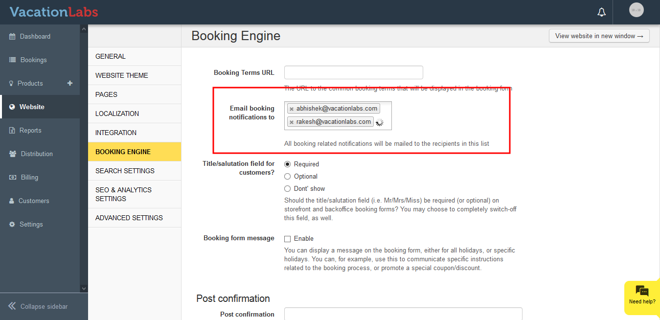 Backoffice Website Booking Engine settings showing the Email booking notifications to field with red box highlight