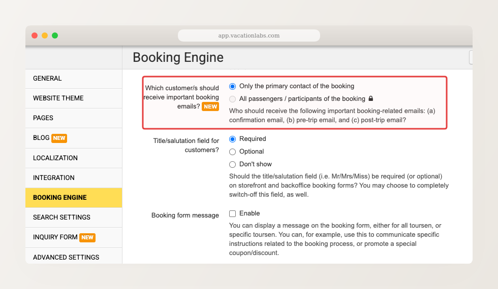 Backoffice Website Booking Engine settings showing Send booking emails to all participants toggle