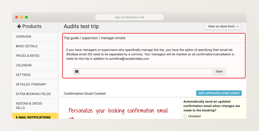 Backoffice trip E-MAIL NOTIFICATIONS tab showing the Trip guide supervisor manager emails field at the top