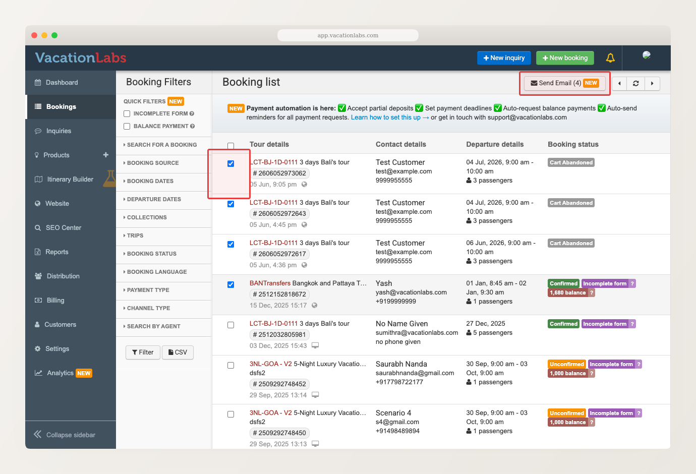 Backoffice screenshot of the booking list with several rows selected and the Send Email button highlighted