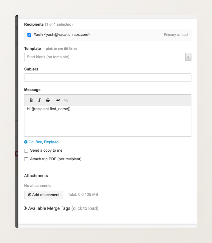 Backoffice screenshot of the Send Email composer panel open on a booking, showing Recipients, Template, Subject, and Message fields