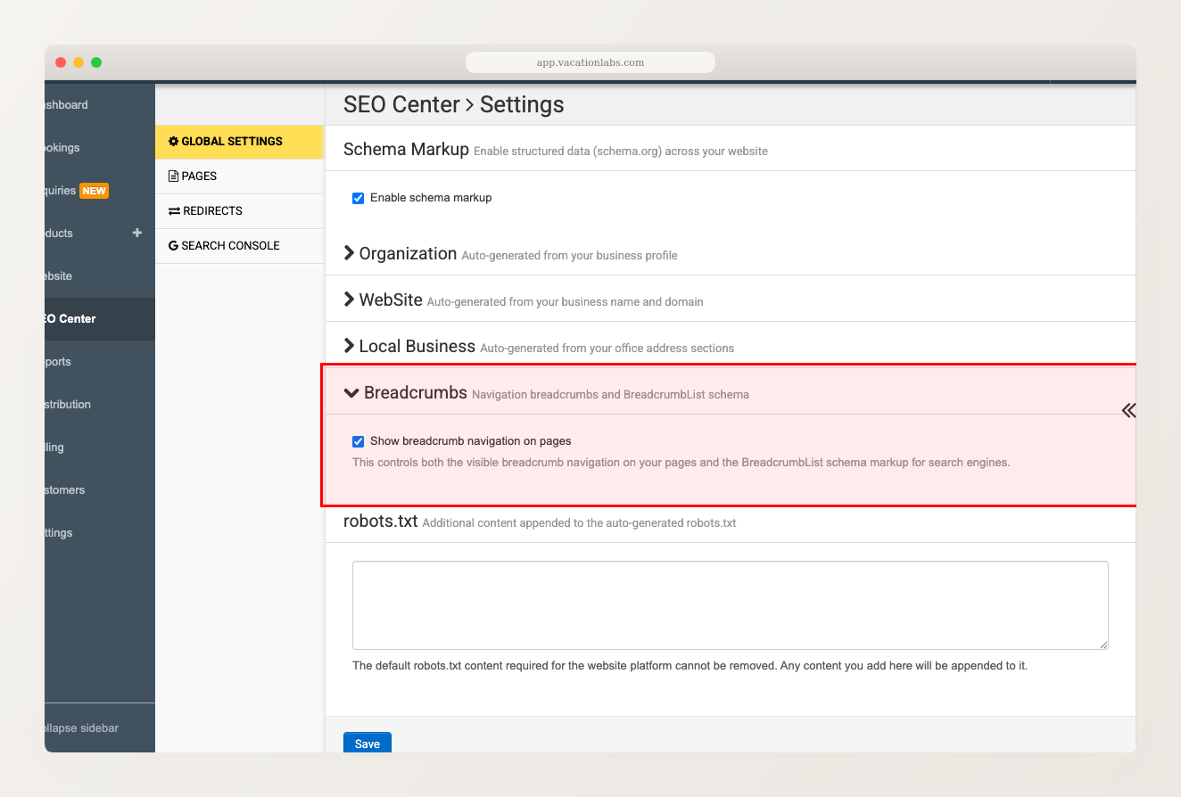 SEO Center Global Settings with Breadcrumbs section expanded, showing the breadcrumb navigation checkbox