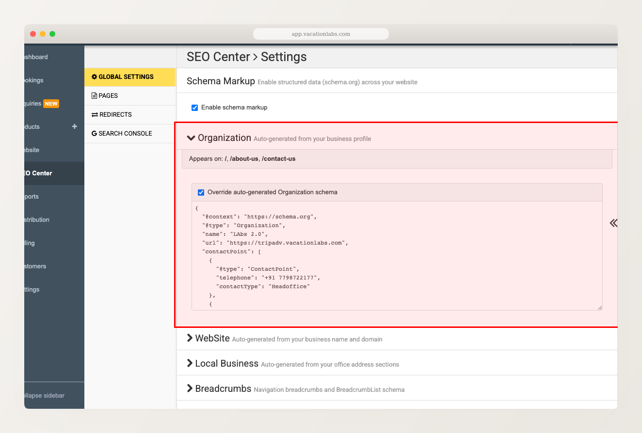 SEO Center Global Settings with Organization section expanded, showing the auto-generated JSON-LD and override checkbox, highlighted