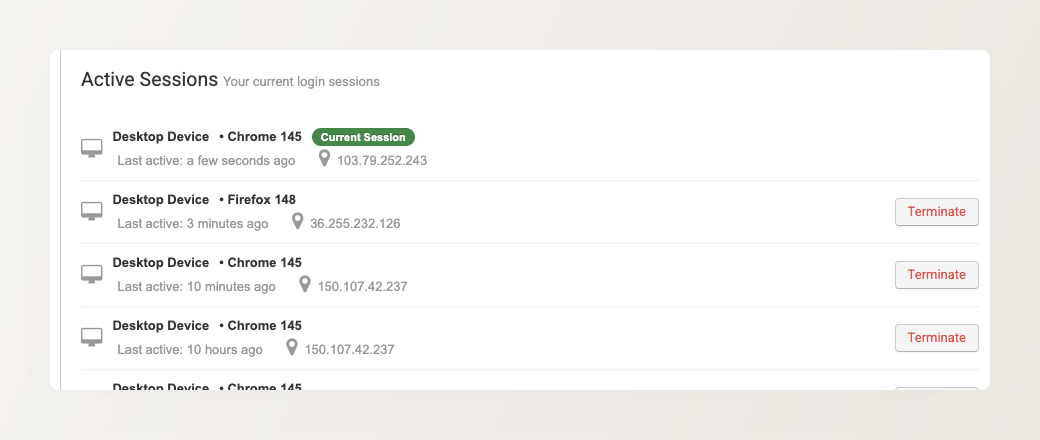 Backoffice desktop screenshot, tight crop of the Active Sessions section on the profile page showing a table with IP address and browser columns