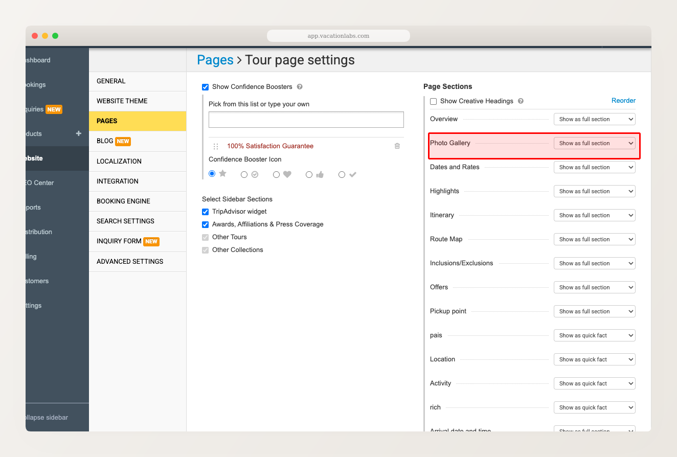 Tour page settings showing Page Sections panel with Photo Gallery dropdown