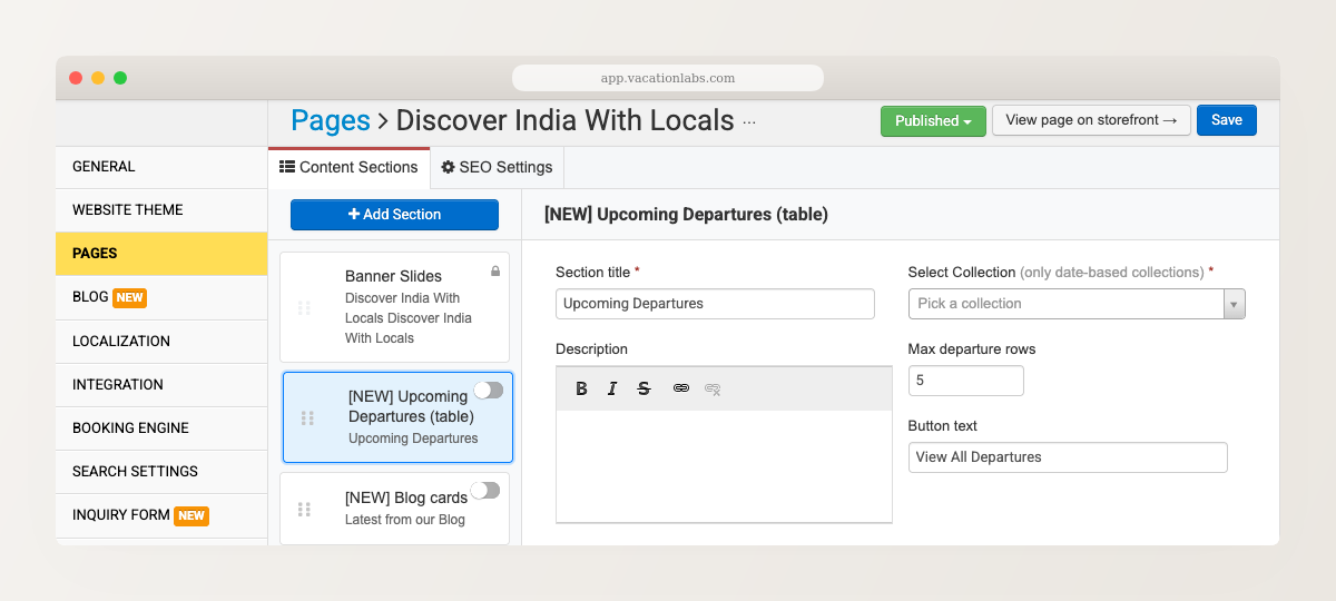 Backoffice screenshot showing the Upcoming Departures section editor with collection selector, max rows, heading, and button text fields