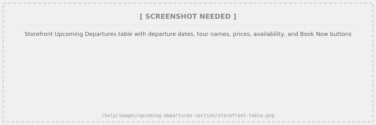 Storefront screenshot showing the Upcoming Departures table with departure dates, tour names, prices, and Book Now buttons