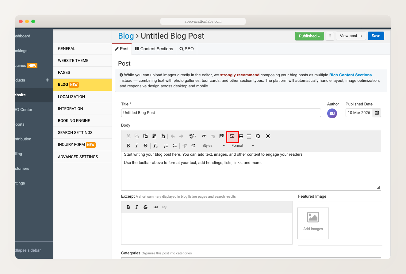Blog post editor showing the CKEditor toolbar with the Image button highlighted