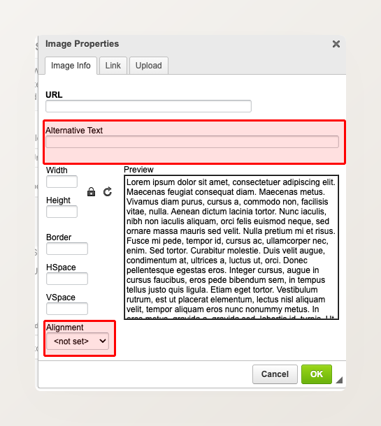 Image Properties dialog on Image Info tab with Alternative Text field and Alignment dropdown highlighted