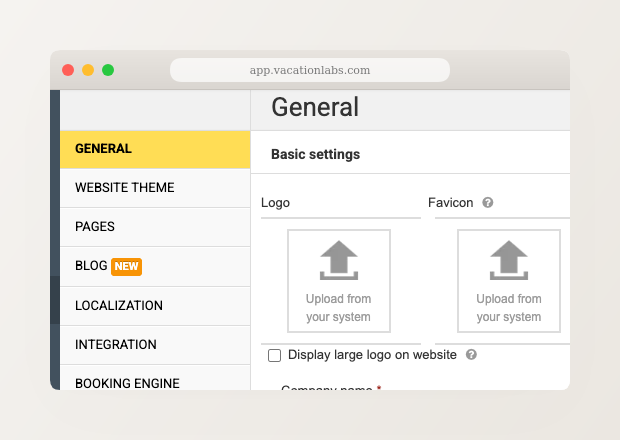 Backoffice screenshot showing Website > General settings with logo and favicon upload areas, desktop