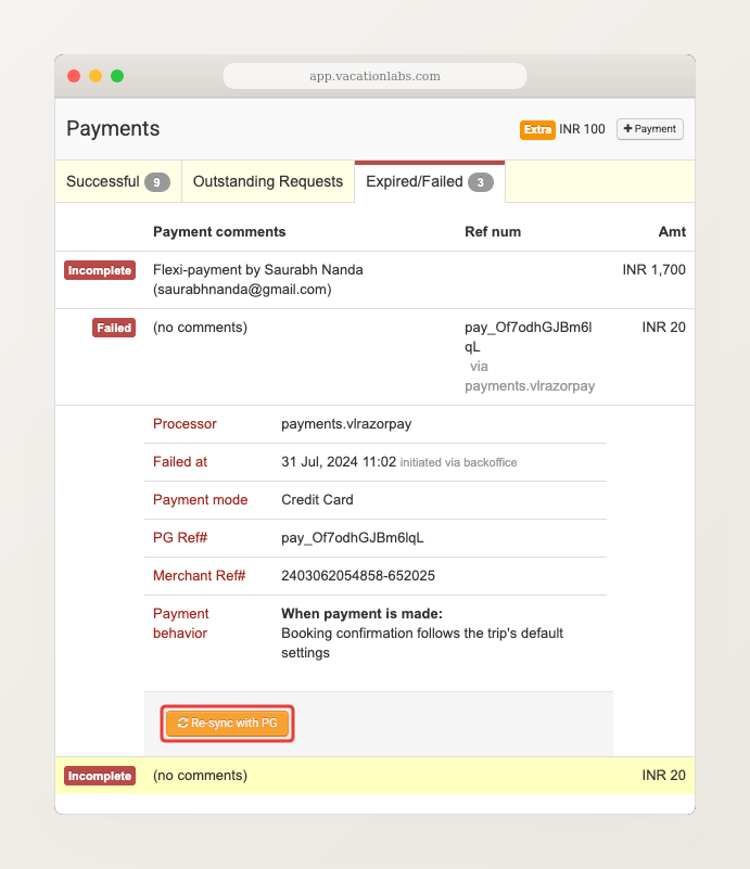 Backoffice payment details screen showing Re-sync with payment gateway button highlighted