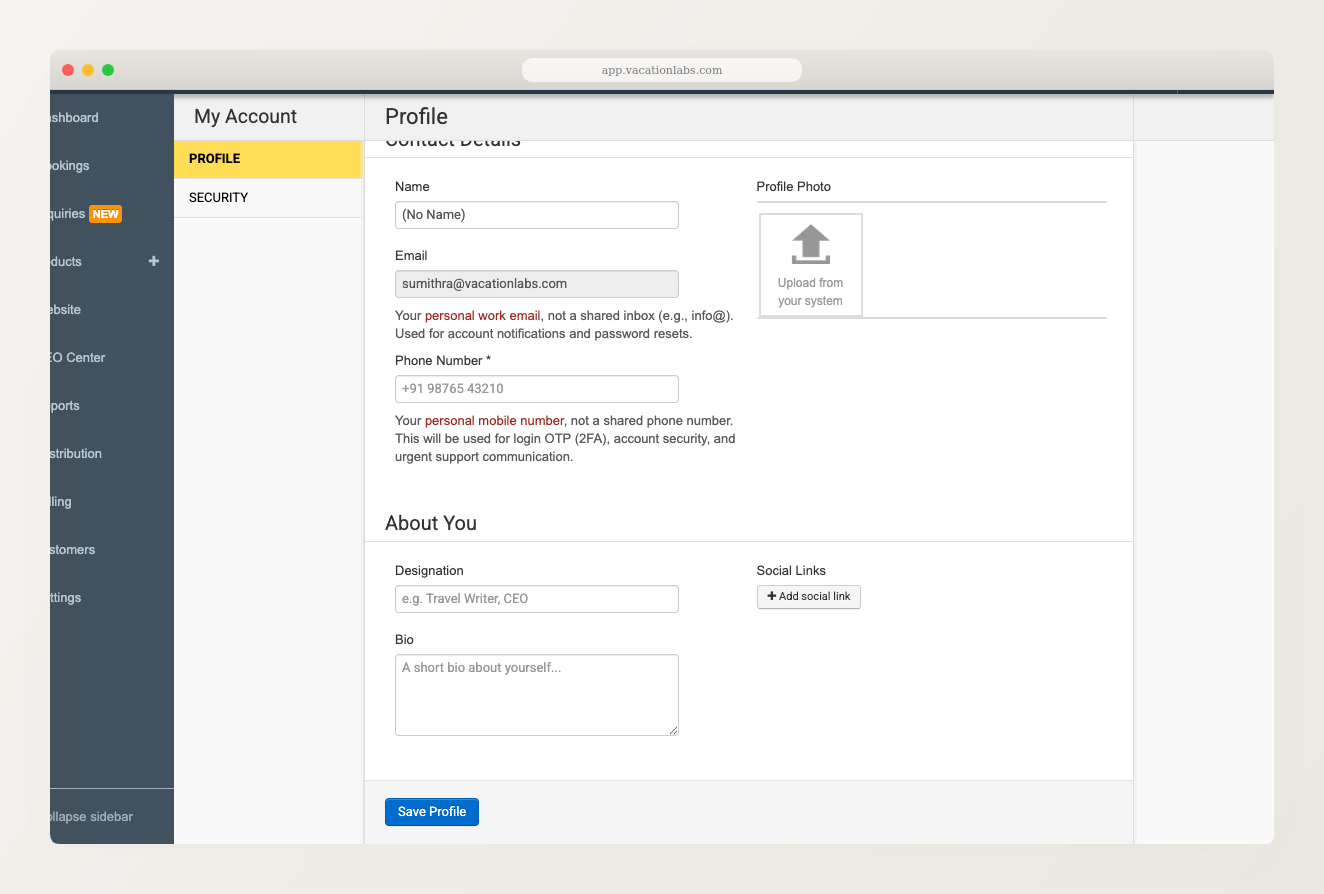 Backoffice My Account page showing Profile tab with Contact Details and About You sections
