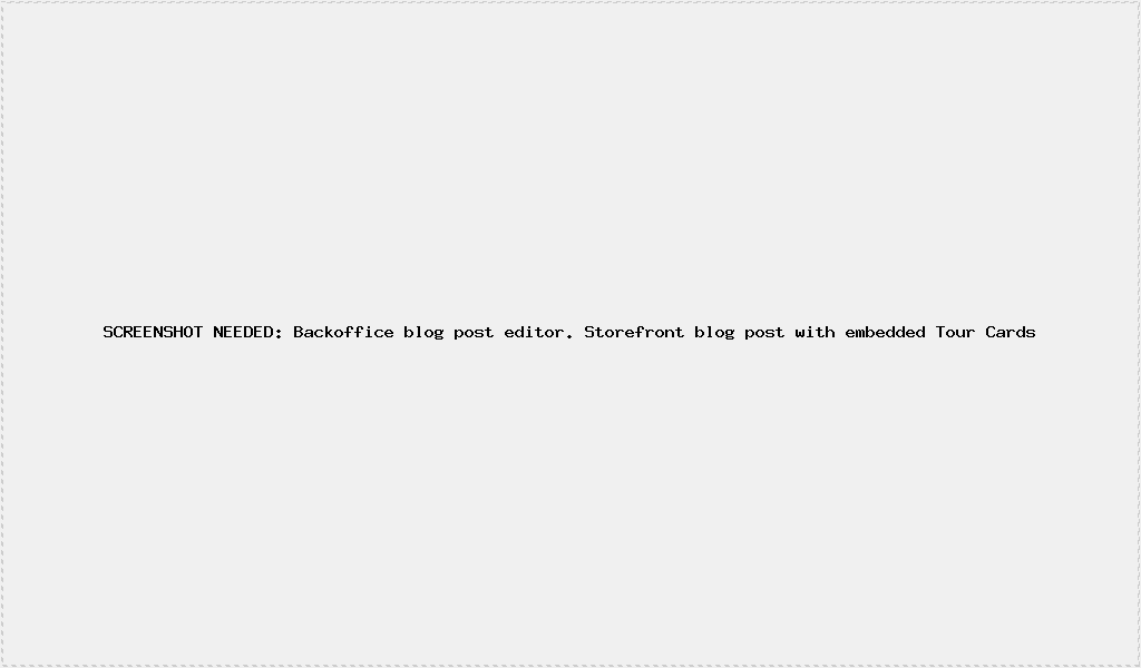 SCREENSHOT NEEDED: Backoffice desktop screenshot showing blog post editor Post tab with title, body RTE, featured image with focus picker, and excerpt fields. Storefront mobile screenshot showing blog post with Tour Cards section embedded.