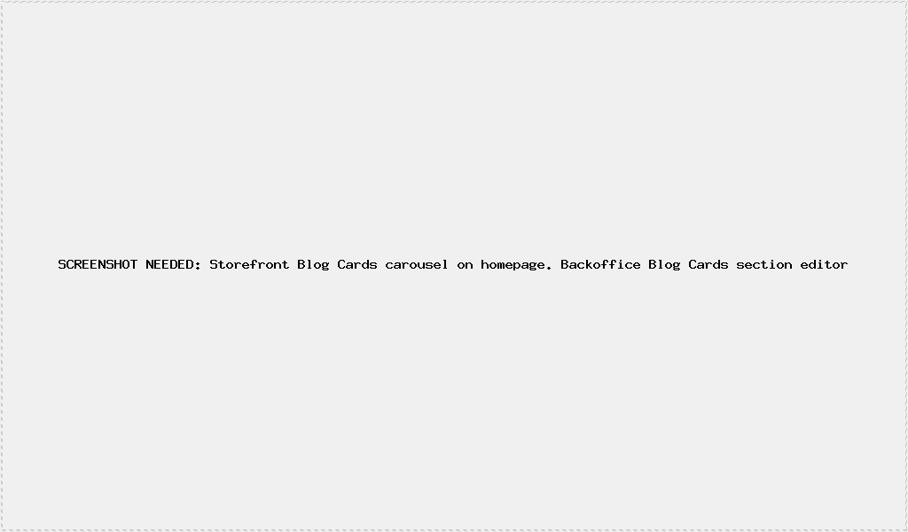SCREENSHOT NEEDED: Storefront desktop screenshot showing Blog Cards section on homepage with 3-4 post cards in a carousel. Backoffice desktop screenshot showing Blog Cards section editor with automatic mode and category filter.