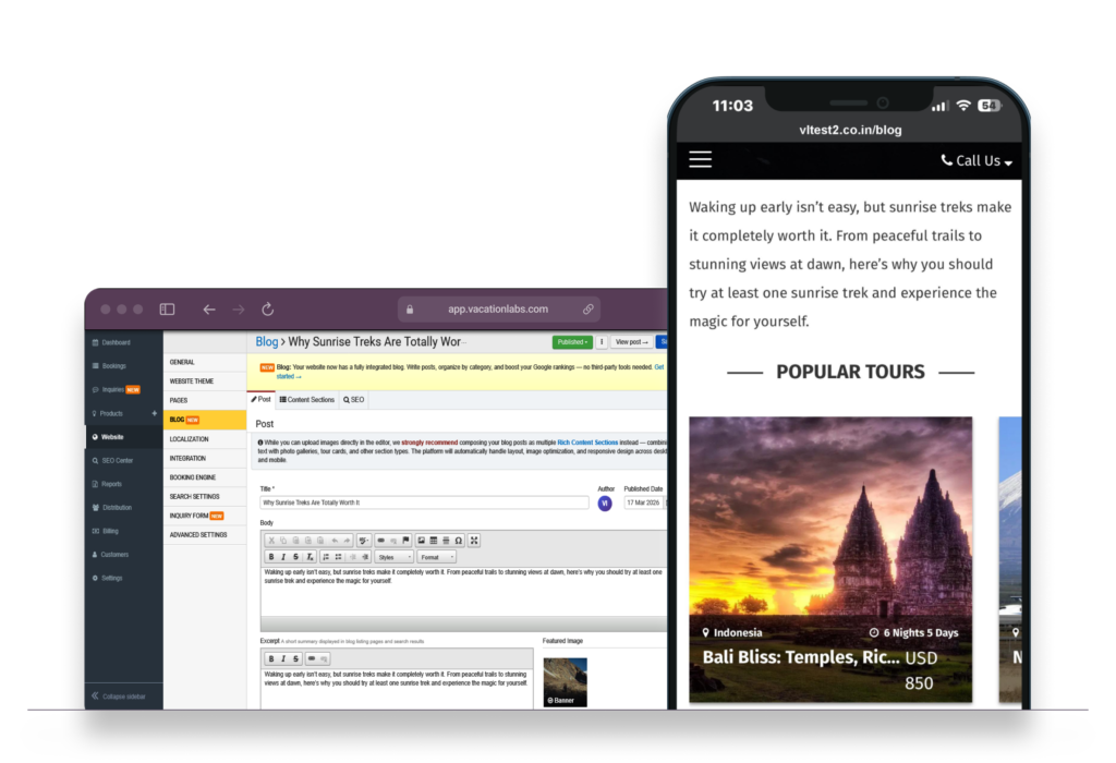 Backoffice blog post editor. Mobile storefront blog post with embedded Tour Cards