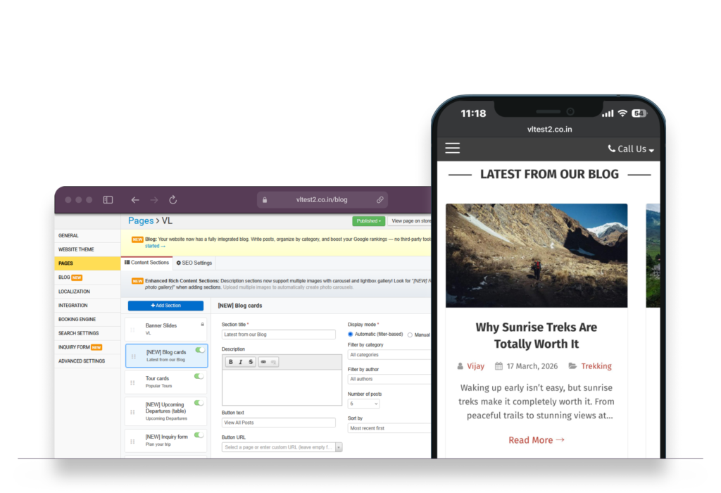 Backoffice Blog Cards section editor. Mobile Storefront Blog Cards carousel on homepage