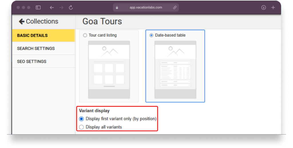 Backoffice desktop screenshot showing collection editor with Variant Display radio buttons highlighted in red box.