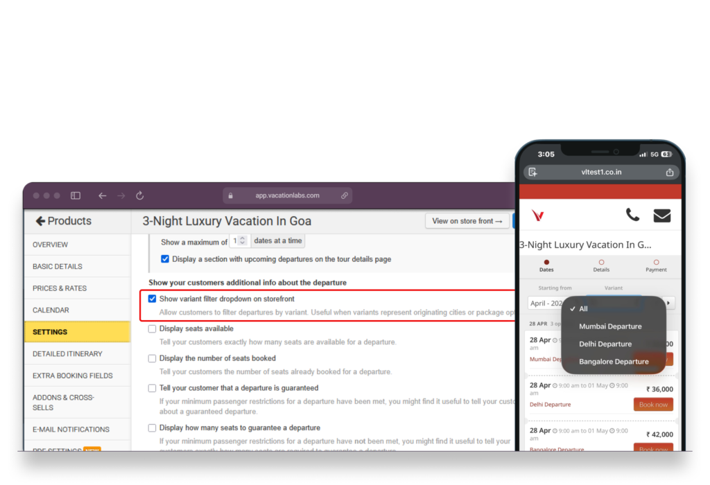 Storefront mobile screenshot showing tour page Dates and Rates section with variant filter dropdown open. Backoffice desktop screenshot showing trip Settings with variant filter checkbox highlighted in red box.