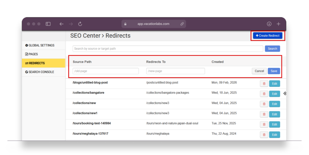 Backoffice screenshot showing SEO Center Redirects with Create Redirect form open