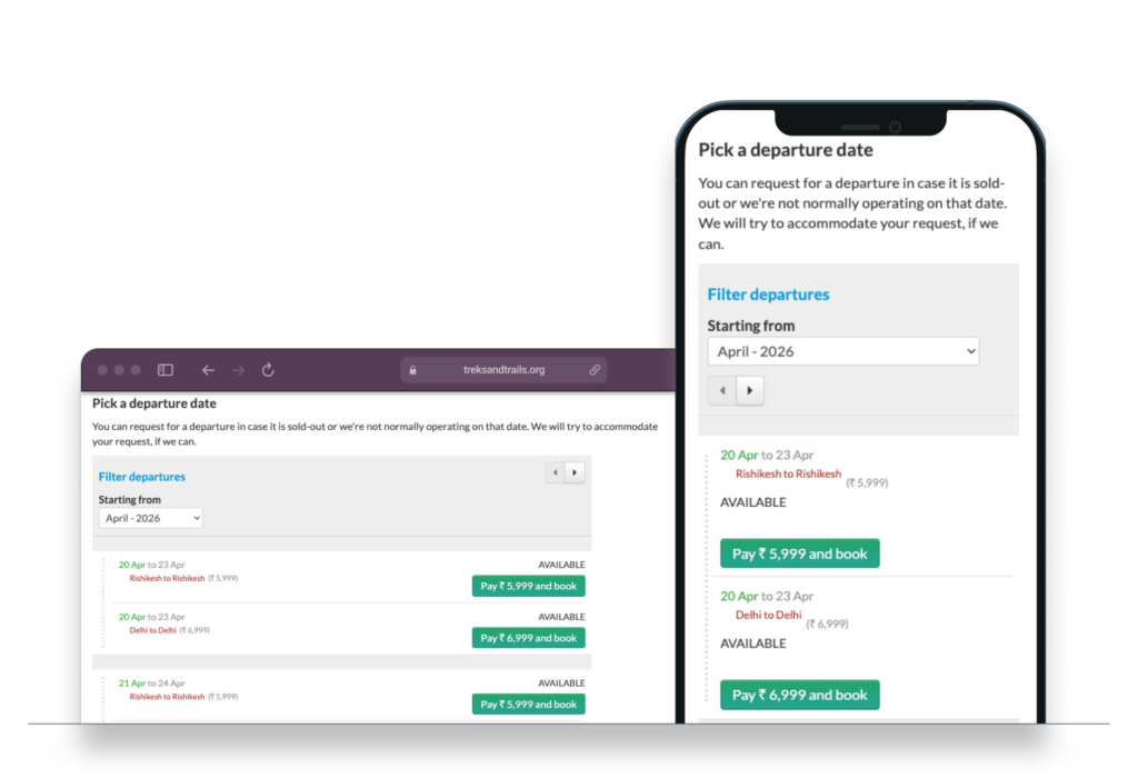 Animated before/after comparison of the departure list on desktop and mobile. Before: two-column layout with details split across columns. After: single-row layout on desktop and a stacked card layout on mobile, each showing date, tour variant, availability status, price, and Book button together.