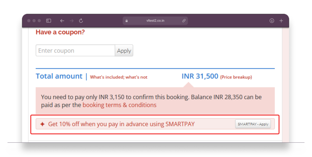 Storefront screenshot showing the passenger count and booking total step of the booking form with a coupon banner visible.