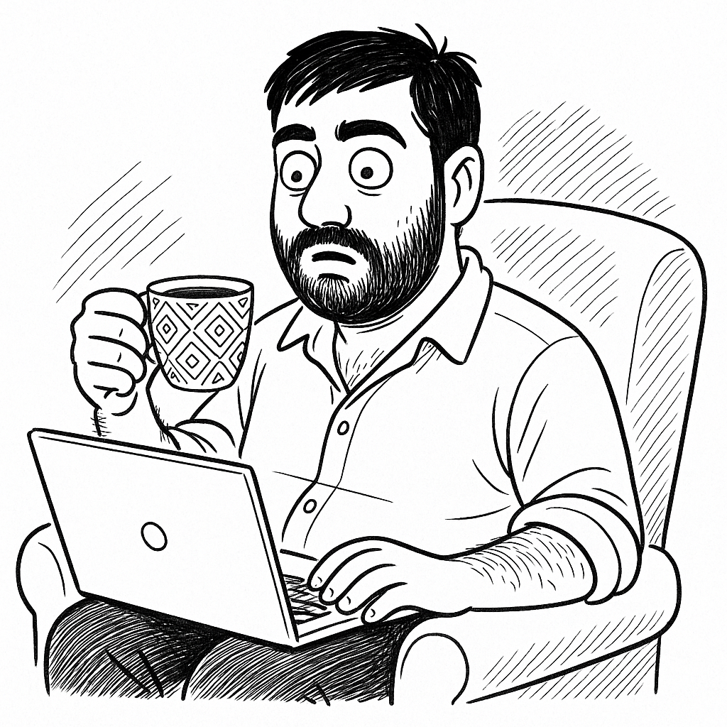 Cartoon: developer frozen mid-sip, staring at laptop in alarm