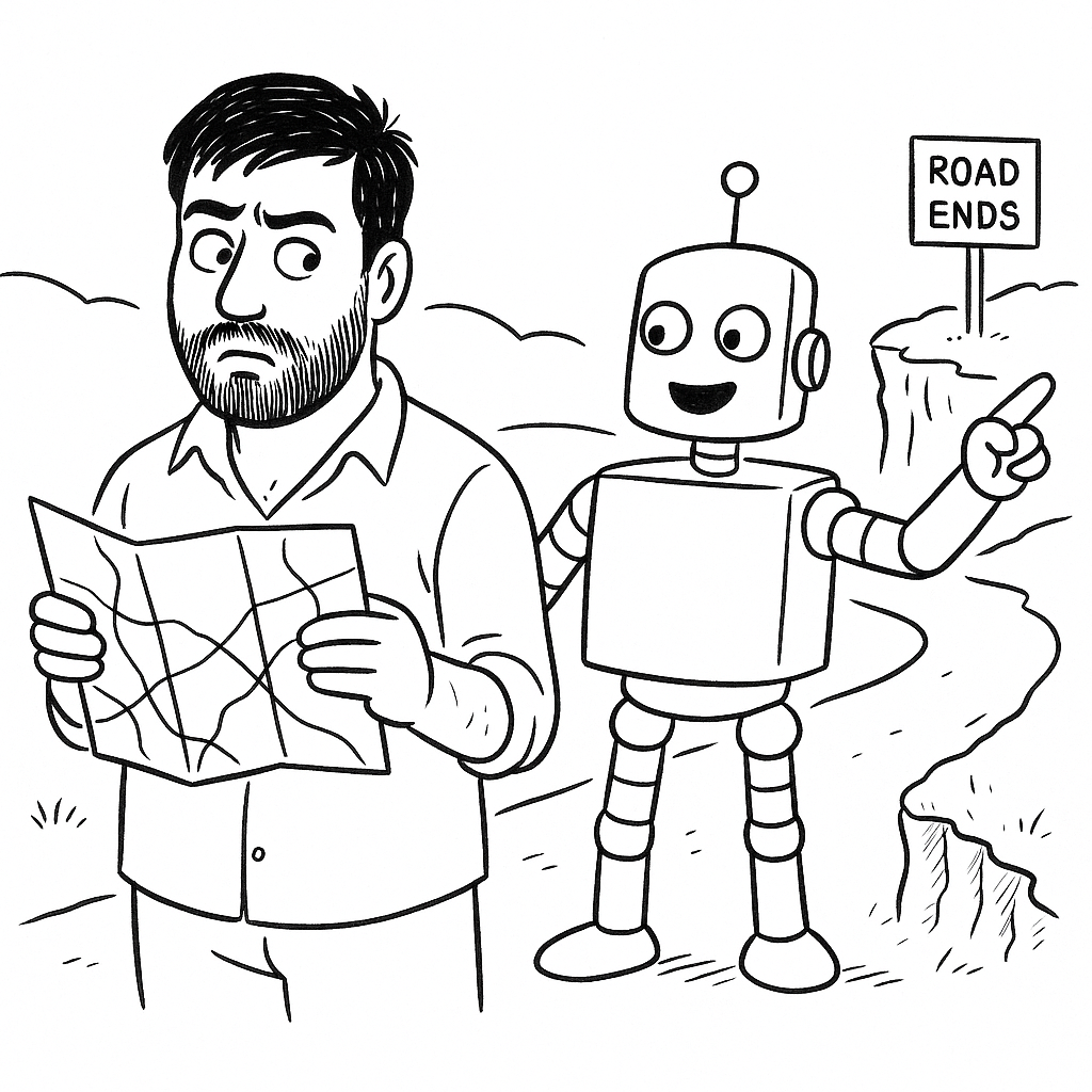 Cartoon: android robot confidently pointing toward a cliff edge