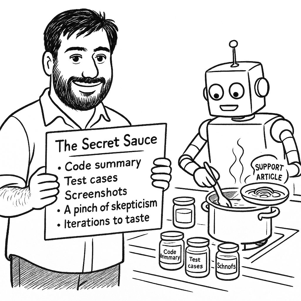 Cartoon: person holding recipe card 'The Secret Sauce' while android robot cooks up a Support Article