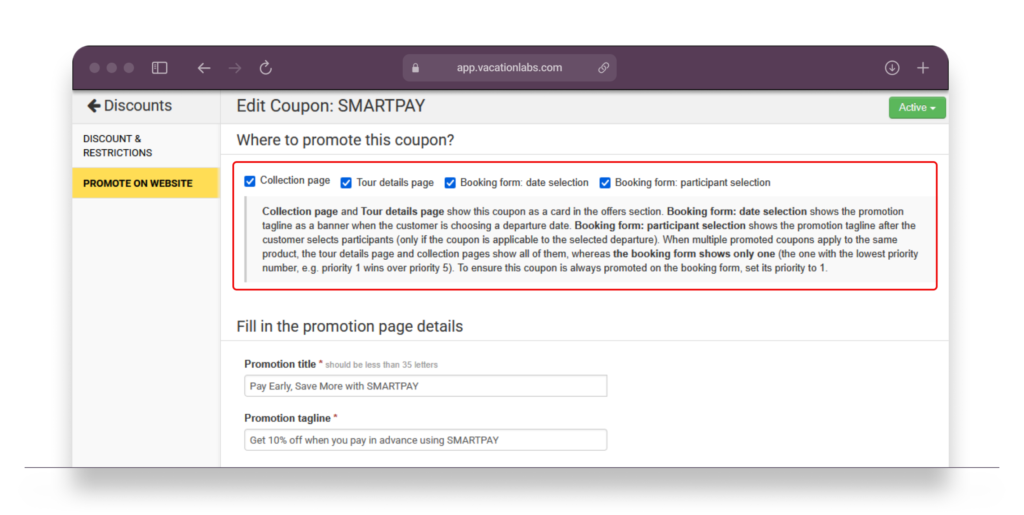Backoffice coupon configuration screen showing which booking form steps the coupon banner will appear on.