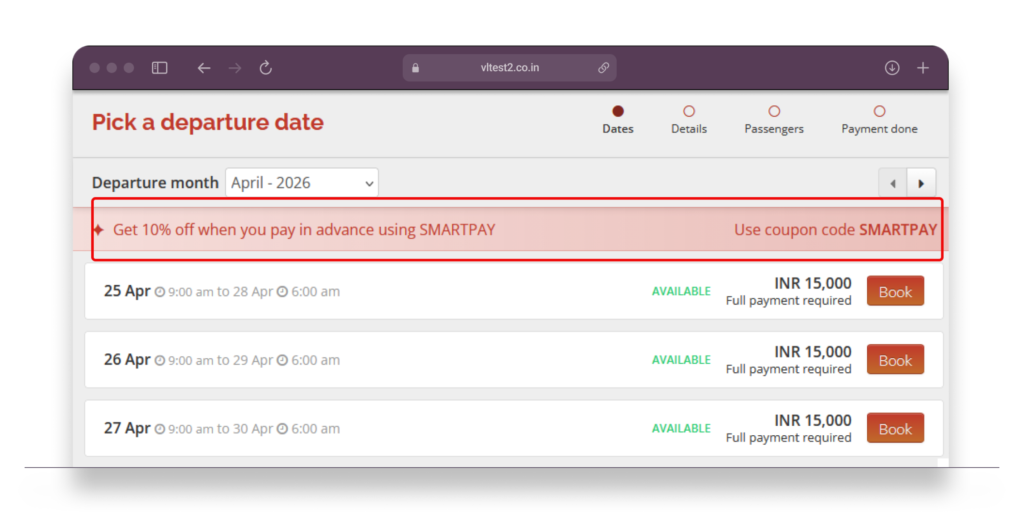 Storefront screenshot showing the departure date selection step of the booking form with a coupon banner visible.