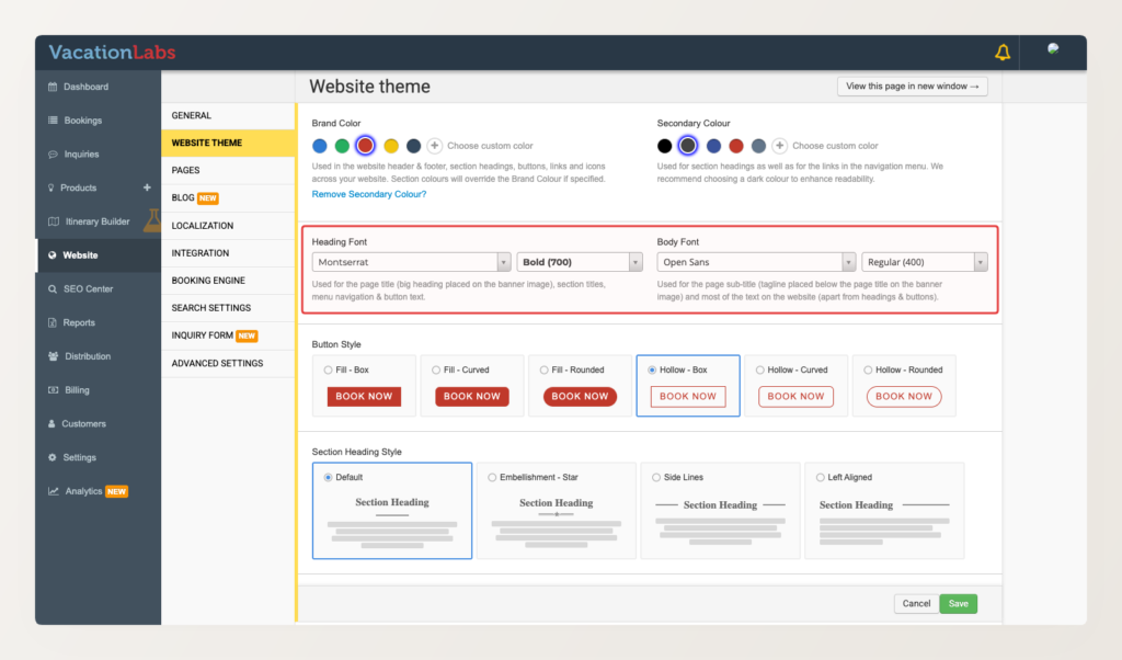 Backoffice screenshot of Website Theme settings with the Heading Font and Body Font pickers highlighted in a red box, each showing a font-family dropdown and a weight and style picker.
